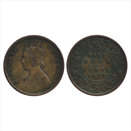 Victoria Empress, Copper ½ Anna, 1877, Calcutta Mint, bust 'C', (PR 585). About Very Fine,