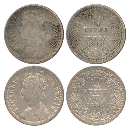 Victoria Empress, Silver ¼ Rupee (2), 1884, Calcutta Mint, C/II/'C' incused, (PR 389) and 
