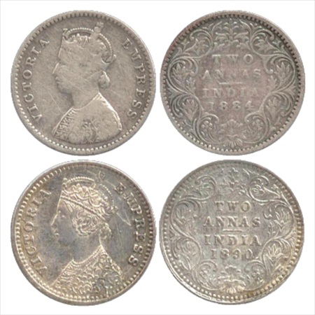 Victoria Empress, Silver 2 Annas (2), 1884, Bombay Mint, A/I/'B' raised, (PR 533) and 2nd 