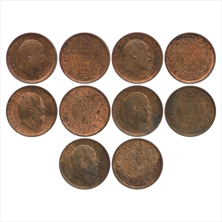 Edward VII, Copper, Bronze ¼ Anna (5), 1903, 1905, 1906, 1907 and 1910, Calcutta Mint, (PR