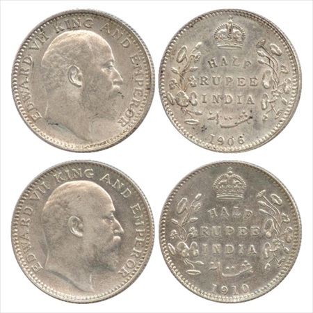 Edward VII, Silver ¼ Rupee (2), 1906 and 1910, Calcutta Mint, no mm, (PR 310 & 314). (2 Co