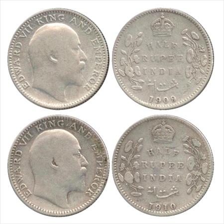 Edward VII, Silver ½ Rupee (2), 1909 and 1910, Calcutta Mint, no mm, (PR 313 & 314). (2 Co