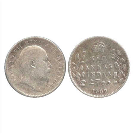 Edward VII, Silver 2 Annas, 1909, Calcutta Mint, no mm, (PR 562). About Very Fine, Rare.