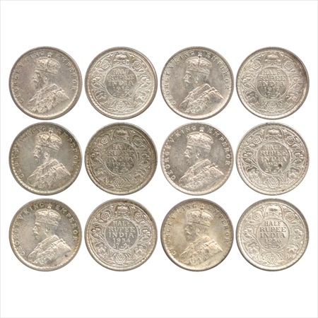 George V, Silver ½ Rupee (6), 1912 and 1917, Bombay Mint, (PR 336 & 341), 1921, Calcutta M