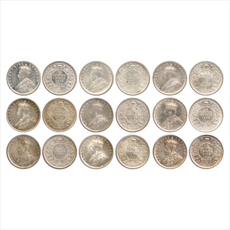 George V, Silver ¼ Rupee (9), 1912, Bombay Mint, (PR 454), 1917 and 1919, Calcutta Mint, (