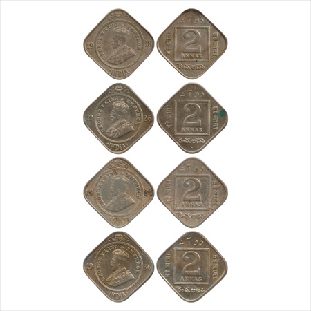 George V, Cupro-Nickel, 2 Annas (4), 1918, 1926, 1934 and 1936, all Bombay Mint except 193