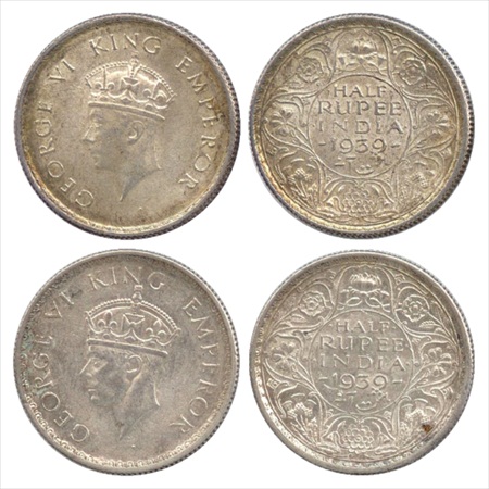 George VI, Silver ½ Rupee (2), 1939, Calcutta Mint, 1st coin Head type I and 2nd coin Head