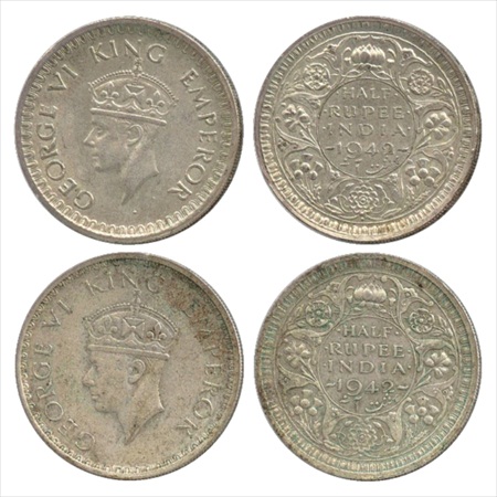 George VI, Silver ½ Rupee (2), 1942, Bombay Mint, 1st coin Small Effigy and 2nd coin Big E