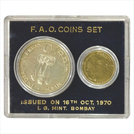 1970, Food for All, UNC set of 2 coins, 10 Rupees and 20 Paise, Bombay Mint (RB 29).