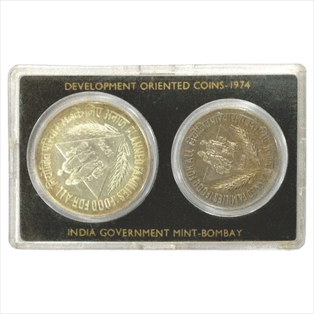 1974, Planned Families-Food for All, UNC set of 2 coins, 50 Rupees and 10 Rupees, Bombay M