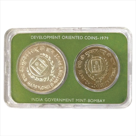 1979, Happy Child-Nation's Pride, UNC set of 2 coins, 50 Rupees and 10 Rupees, Bombay Mint
