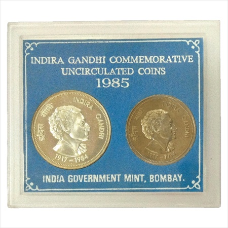 1985, Indira Gandhi, UNC set of 2 coins, 100 Rupees and 20 Rupees, Bombay Mint (RB 113).