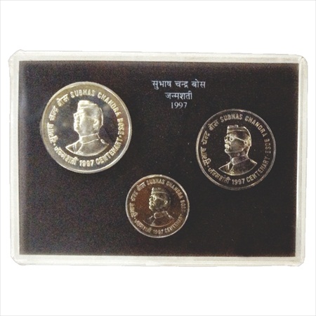 1997, Netaji Subhas Chandra Bose, UNC set of 3 coins, 100 Rupees, 50 Rupees and 10 Rupees,