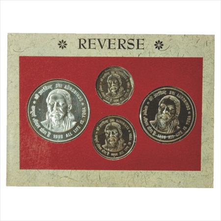 1998, Sri Aurobindo, UNC set of 4 coins, 100 Rupees, 50 Rupees, 10 Rupees and 2 Rupees, Mu