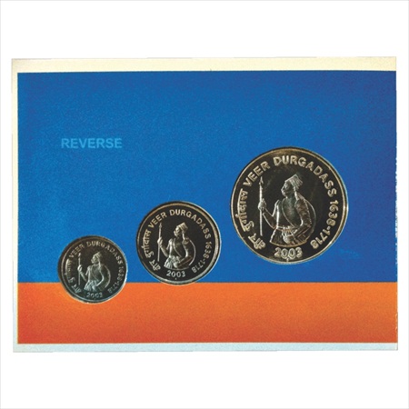 2003, Veer Durgadass, UNC set of 3 coins, 100 Rupees, 10 Rupees and 1 Rupee, Mumbai Mint (