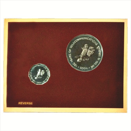 2004, 150 Years of Telecommunication, UNC set of 2 coins, 100 Rupees and 2 Rupees, Kolkata