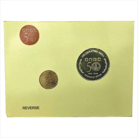 2006, 50 Years Celebration of ONGC, UNC set of 2 coins, 50 Rupees and 5 Rupees, Kolkata Mi
