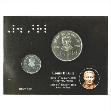 2009, 200th Birth Anniversary of Louis Braille, UNC set of 2 coins, 100 Rupees and 2 Rupee