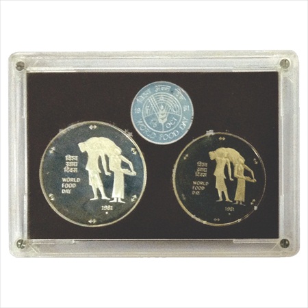 1981, World Food Day, Proof set of 2 coins, 100 Rupees and 10 Rupees, Bombay Mint.
