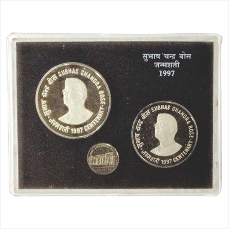 1997, Netaji Subhas Chandra Bose, Proof set of 2 coins, 100 Rupees and 50 Rupees with mint