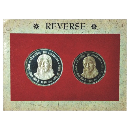 1998, Sri Aurobindo, Proof set of 2 coins, 100 Rupees and 50 Rupees, Mumbai Mint (RB 207).