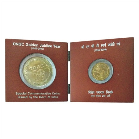 2006, 50 Years Celebration of ONGC, VIP Proof set of 2 coins, 50 Rupees and 5 Rupees, Kolk