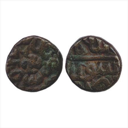 Akbar (1556-1605 AD), Copper Nisfi 'Mangarh'/'Mungir' type, 10.06g. Obv: 'Swastika' (clock