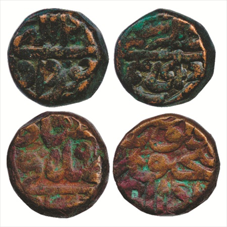 Akbar (1556-1605 AD), Copper Dam (2), Delhi Mint, Khurdad Ilahi 4x, (KM 32.9) and Fathpur 