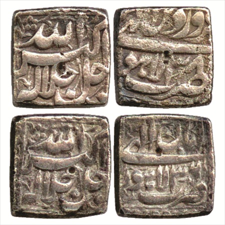 Akbar (1556-1605 AD), Silver Square Rupee (2), Lahore Mint, Farwardin 38 and Aban 36, (KM 