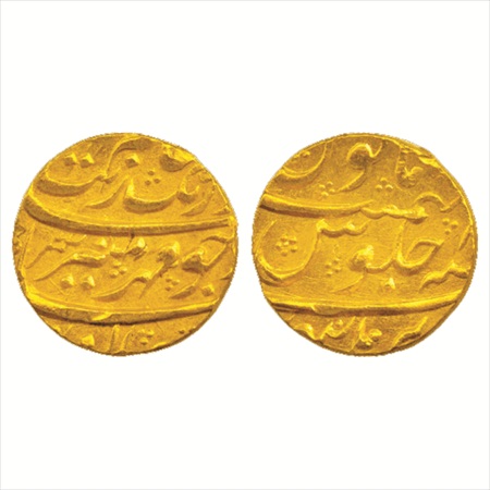 Aurangzeb (1658-1707 AD), Gold Mohur, Burhanpur Mint, 11.02g. (KM 315.16). Uncirculated, R
