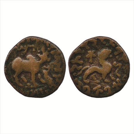 Indo-Scythian, Azes (c. 56-25 BC), Copper Tetradrachm, 9.64g. Obv: Bull walking to right; 