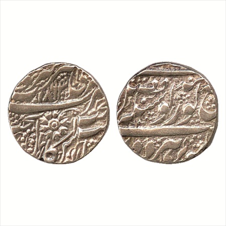 Sikh Empire, Silver Rupee of the Sikhs. VS 1863, Amritsar Mint. Leaf replaced by flower-li