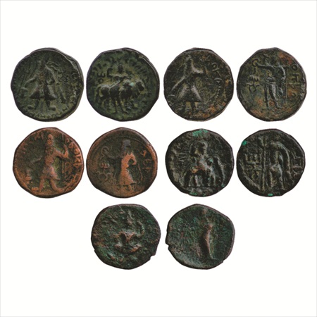 Kushans, a group of five Copper coins: (a) Wima Kadphises (c. 110-127 AD), Copper tetradra