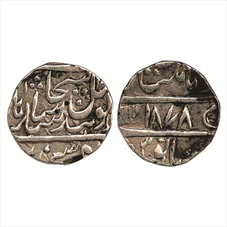 Sikh Empire, Silver Rupee of the Sikhs. VS 1878, Multan Mint, Nanakshahi couplet on the ob