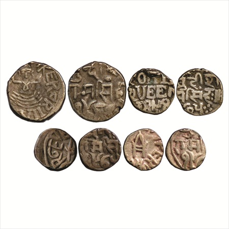 Bundi (4), Ramsingh (1824-1889 AD), Silver Rupee, ½ Rupee (2) and ¼ Rupee. (4 Coins) Very 