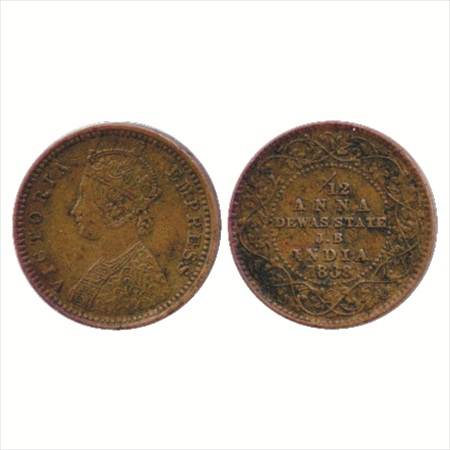 Dewas, Junior Branch, Copper 1/12 Anna, 1888, portrait bust of Victoria Empress, (KM 1). E