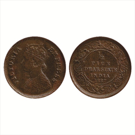Dhar, Copper ½ Pice, 1887, portrait bust of Victoria Empress, (KM 12). Extremely Fine, Rar