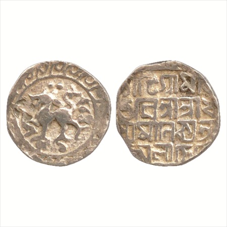 Tripura, Dhanya Manikya (1490-1526 AD), Silver Tanka, SE 1435. Obv: Lion facing left with 