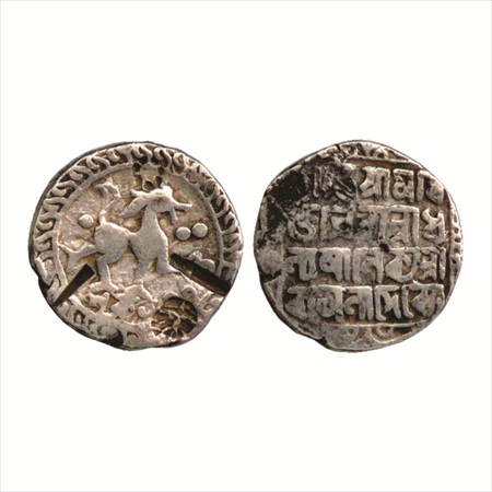 Tripura, Dhanya Manikya (1490-1526 AD), Silver Tanka, SE 1435. Obv: Lion facing right with