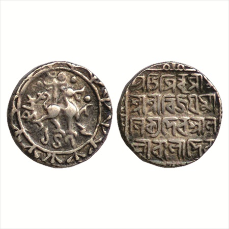 Tripura, Vijaya Manikya (1532-1564 AD), Silver Tanka, SE 1479. Obv: Lion facing right with