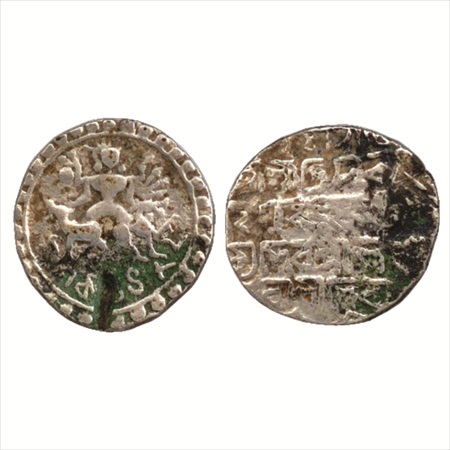Tripura, Vijaya Manikya (1532-1564 AD), Silver Tanka, SE 1482. Obv: Figure of Ardhanarishv