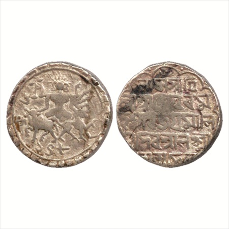 Tripura, Vijaya Manikya (1532-1564 AD), Silver Tanka, SE 1482. Obv: Figure of Ardhanarishv
