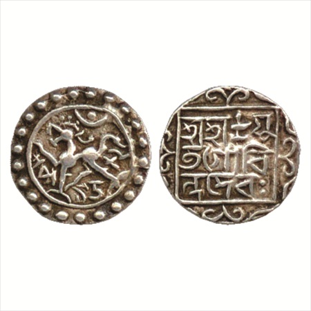 Tripura, Govinda Manikya (1660/61-1667/76 AD), Silver ¼ Tanka, SE 1582. Obv: Lion facing l