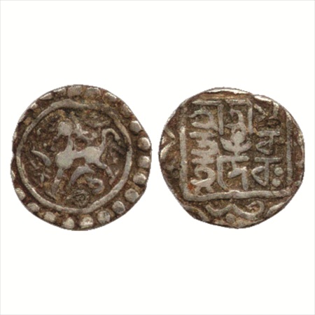 Tripura, Ratna Manikya (1685-1693/1695-1712 AD), Silver ¼ Tanka, SE 1607. Obv: Lion facing