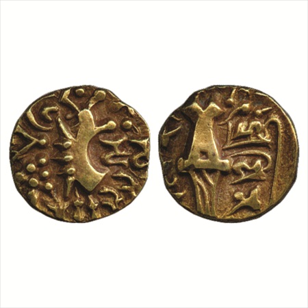 Kashmir, Karkota or Naga dynasty, Base Gold Dinar of Vinayaditya, 7.88g. Obv: Crude repres