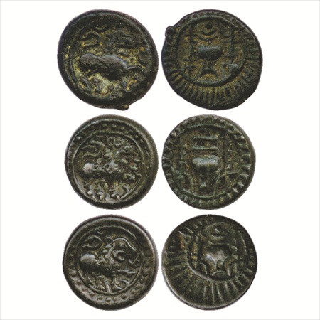 Vishnukundins, Uninscribed White Potin 'lion' type coin (3), (c. 500-550 AD), 9.22g. 7.89g