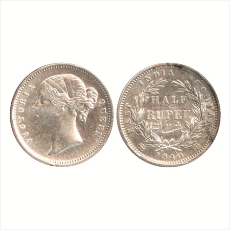 Victoria Queen, Divided Legend, Silver ½ Rupee, 1840, Calcutta Mint, W.W. incused, 24 berr
