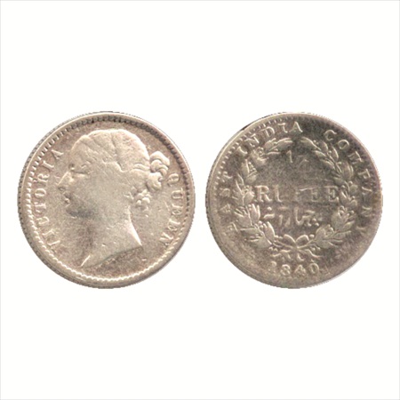 Victoria Queen, Divided Legend, Silver ¼ Rupee, 1840, Calcutta Mint, Obv: W.W. raised. Rev