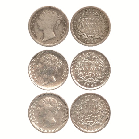 Victoria Queen, Divided Legend, Silver 2 Annas (3), 1841, Calcutta Mint, W.W. raised, 9 be