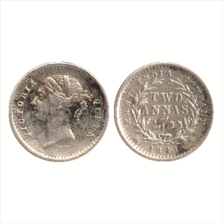 Victoria Queen, Divided Legend, Silver 2 Annas, 1841, Madras Mint, W.W.S. raised, 9 berrie